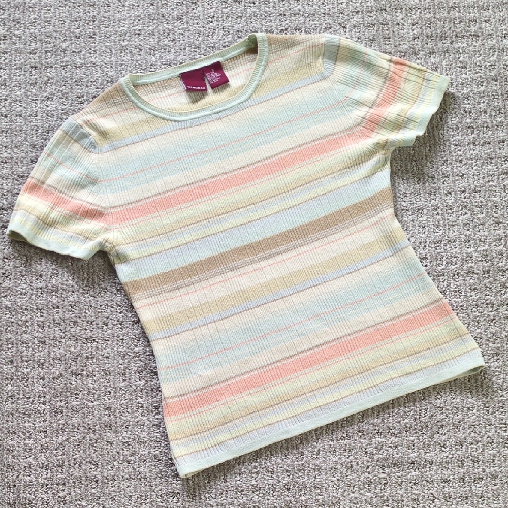 AMAZING VTG 90s Knit Silk Blend Stretch Ribbed Babydoll Short Sleeve, Size S